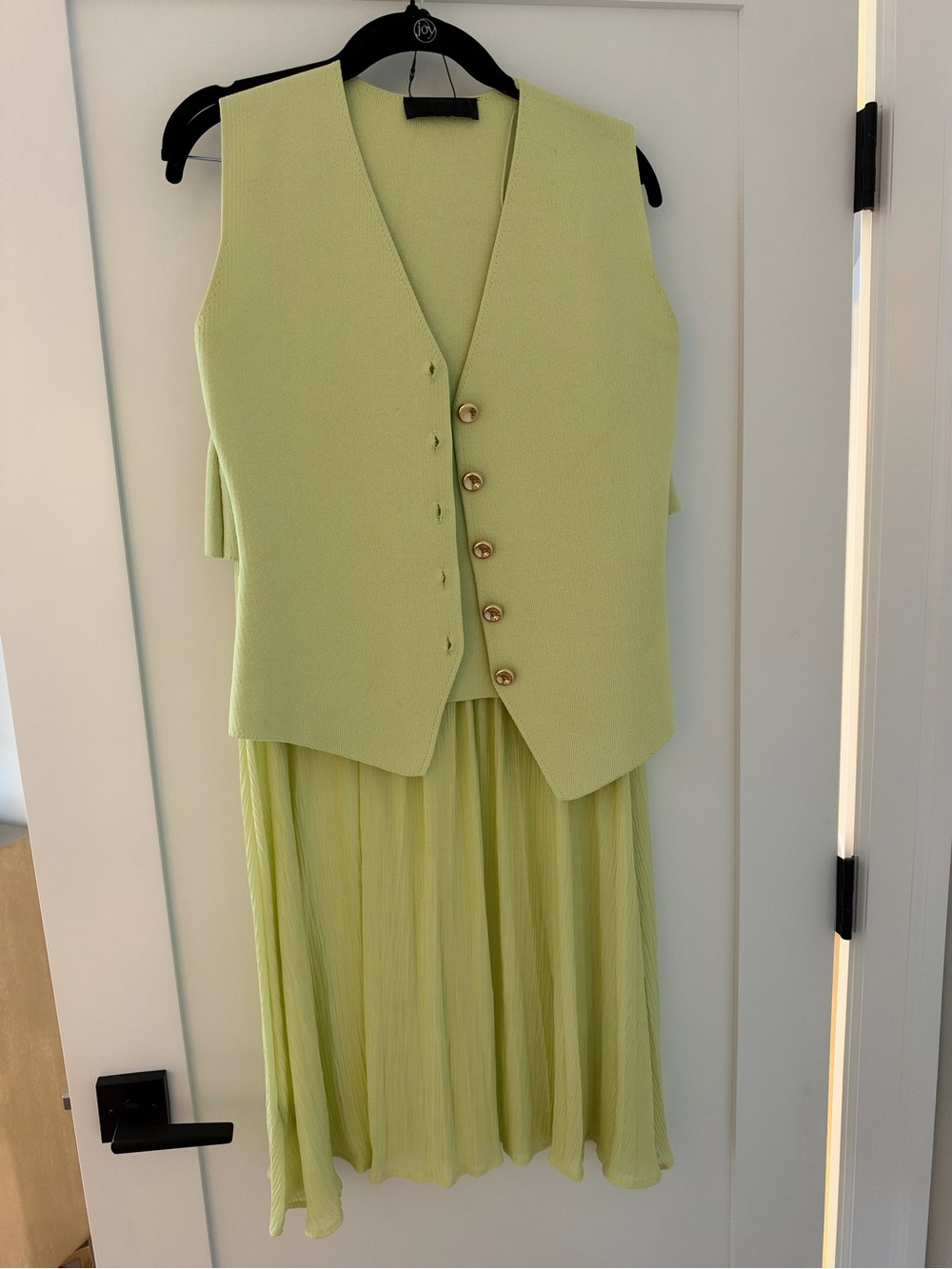 Zara Sleeveless V-Neck Button Vest with Pleated Midi Skirt - Light Lime